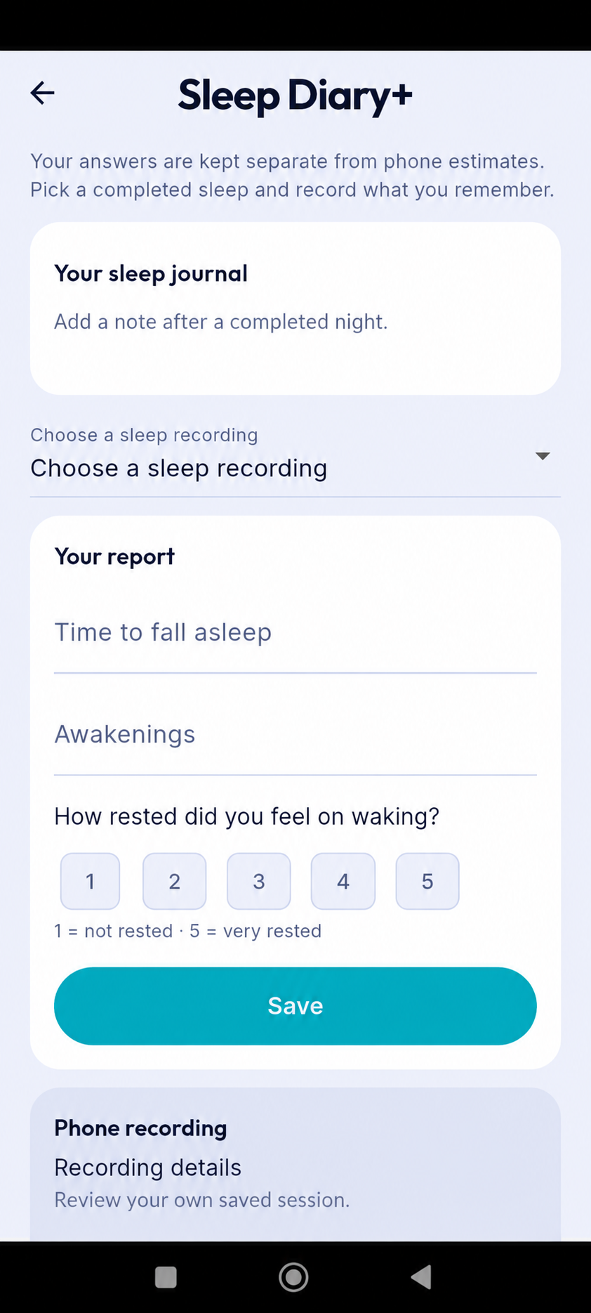 AuraSleep Bildschirm „Schlaftagebuch“ auf Englisch mit entfernten persönlichen Aufzeichnungswerten