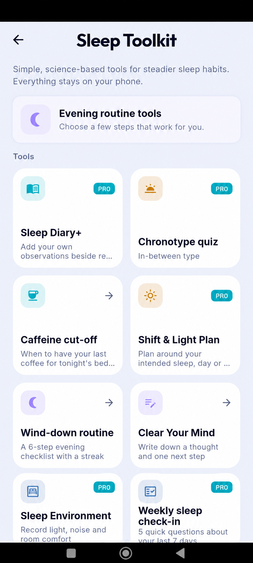 AuraSleep Schlaf-Toolkit-Bildschirm in englischer Sprache mit Tools zum Entspannen und zur Schlafroutine